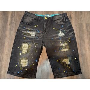 GS-115 Distressed Denim Shorts Ripped Paint Splatter‎ Design Black Wash 36
